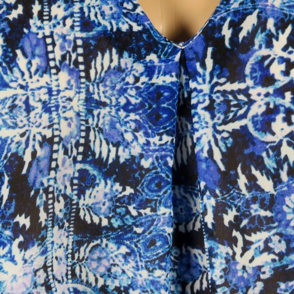 Forever 21 Blue Pullover Blouse Sz Large Sheer Abstract Floral Bow Long Sleeves - Picture 3 of 5